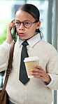 Pretend, phone call and kid with coffee, girl and chatting with communication. Child, espresso and role play in office, smartphone and contact with caffeine, connection and conversation with app