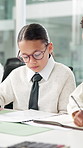 Girl, child and meeting at office, pretend and documents for accounting job, feedback and glasses at agency. Kid, talk and team with finance career, role play and review with paperwork at workplace