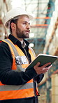 Man, engineer and inspection with tablet in warehouse for logistics, maintenance or stock control. Male person, inventory and checking safety with helmet on technology for storage security in depot