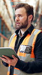 Man, inventory and inspection with tablet in warehouse for logistics, maintenance or stock control. Male person, engineer and checking safety with technology for storage or quality assurance in depot