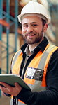 Happy man, face and inspection with tablet in warehouse for logistics, maintenance or stock control. Portrait, male person or engineer with technology for storage safety or quality assurance in depot