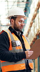 Logistics, man and writing on clipboard in warehouse for stock inspection, quality control or shipping. Supply chain, manager and checklist for inventory management, tracking inbound cargo or backlog