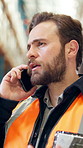 Phone call, supply chain and man in warehouse, talking and logistics with communication. Person, smartphone and employee in factory, conversation and feedback for inspection, distribution and export