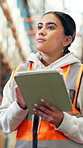 Shipping, tablet and woman in warehouse for logistics, delivery inventory and quality control. Distribution, supply chain and person on digital tech for inspection report, stock checklist and cargo