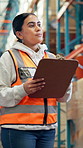 Clipboard, logistics and woman in warehouse for inventory manager, shipping or export report. Checklist, supply chain storage or cargo inspection with employee in factory for delivery quality control