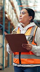 Checklist, logistics and woman in warehouse for inventory manager, shipping or export report. Clipboard, supply chain storage or cargo inspection with employee in factory for delivery quality control