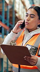 Woman, engineer and phone call with clipboard in warehouse for inventory or storage checklist. Female person, discussion and checking stock with mobile smartphone for quality assurance in depot