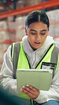 Logistics, worker and inventory with tablet in warehouse for quality assurance, inspection or shipping. Supply chain, woman and digital app for cargo management, order update and stock distribution