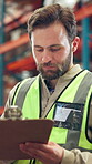 Logistics, man or clipboard with inventory in warehouse for inspection, quality control or shipping. Supply chain, worker or writing notes for order management, tracking inbound cargo or distribution