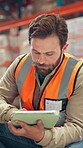 Inspection, supply chain and man in warehouse, tablet and digital app for export report. Person, storage or inspector in factory, tech or checklist with distribution, internet or inventory management