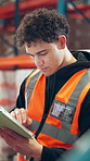 Typing, supply chain and man in warehouse, tablet and digital checklist for export report. Person, storage and inspector with tech, wholesale and internet with distribution and stock management