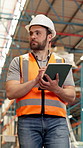 Tablet, man walk and warehouse worker thinking of inventory inspection, shipping or logistics. Technology, distribution and person planning storage for stock, supply chain and quality control