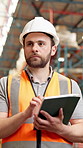 Tablet, man walk and warehouse worker with inspection, shipping inventory or thinking of logistics. Technology, distribution and person planning storage for stock, supply chain and quality control