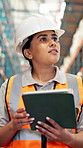 Inspection, tablet and walking with woman in warehouse for inventory, storage or stock management. App, counting and logistics center with person in depot for shipping or supply chain checklist