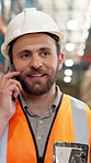 Logistics, man and happy with phone call in warehouse for package update, delivery details or chat. Supply chain, manager and speaking to client for shipment status, operations management or feedback