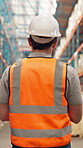 Back, man and walking for logistics at warehouse for inspection, quality control and supply chain. Person, storage or stock check for export, inventory management and supervisor of cargo distribution