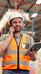 Phone call, tablet and walking with man in warehouse for inventory, storage or stock management. App, conversation and logistics center with person in depot for shipping or supply chain checklist