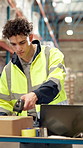 Barcode scanner, box and laptop with man in warehouse for logistics or supply chain management. Computer, package and scanning with person in factory or plant for inventory, stock and storage