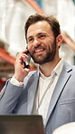 Happy man, talking and phone call in warehouse with laptop, feedback and discussion for logistics. Speaking, manager or person in factory with tech for contact, supply chain or shipping conversation.