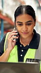 Logistics, worker or laptop with phone call in warehouse for tracking parcel, delivery update or shipping. Supply chain, woman and talking to client with tech for stock quote and distribution service