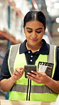 Logistics, woman or typing with phone in warehouse, online schedule or texting for package storage info. Distribution, notification or worker scroll group chat with mobile, shipping agenda or message