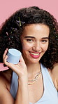 Girl, face and container for skincare in studio with smile, fashion and confidence on background. Gen z woman, cosmetics and happy with product, dermatology or pride with portrait in Costa Rica