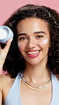 Skincare, beauty and woman with face cream for health, wellness and dermatology routine. Cosmetic, hydration and happy model with facial lotion, spf and creme portrait isolated on studio background