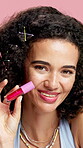 Face, woman and lipgloss for beauty in studio for lip hydration, smooth texture and treatment. Portrait, person and pout with cosmetics for change, grooming and shine for aesthetic on pink background
