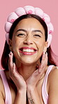 Beauty, smile and face of woman in studio for skincare, facial grooming and aesthetic glow. Dermatology, hydration and collagen benefits with portrait of person on pink background for cosmetology