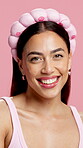 Beauty, happy and face of woman in studio for skincare, facial grooming and aesthetic glow. Dermatology, hydration and collagen benefits with portrait of person on pink background for cosmetology