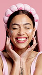 Happy woman, skincare cream and face in studio, headband and pride on pink background. Person, beauty and lotion with cosmetics, moisturizer and portrait with product for dermatology in Mexico