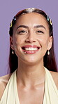 Face, smile and woman in studio with closeup, facial glow and shine in cosmetology. Portrait, gen z and female person with happiness on purple background, grooming and skincare for beauty results.