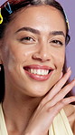 Face, woman and smile for skincare in studio with beauty, healthy skin and smooth texture. Portrait, female person and cosmetics for facial shine, dermatology results and self care on pink background