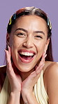 Face, skincare and excited woman in studio for beauty, natural dermatology and cosmetology. Portrait, happy model and cosmetics for glow, touch skin or collagen treatment results on purple background