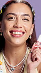 Face, lip gloss and woman in studio, beauty and dermatology on purple background. Cosmetics, luxury product and person with happiness, skincare and wellness with shine, grooming or treatment for glow