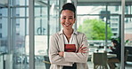 Face, businesswoman or smile in office with arms crossed for growth, development or public relations. Happy, confident or female person with pride for brand management career, about us or PR agency.