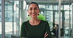 Face, business and woman in office, arms crossed and smile with career ambition, copywriting and pride. Mature person, employee and journalist in workplace, magazine editor and happiness with ideas