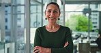 Face, business and woman in workplace, arms crossed and smile with career ambition, copywriting and pride. Mature person, employee and journalist with publication, magazine editor and submission