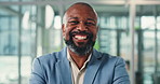 Face, happy man and company manager in office for business growth, finance consultant and pride. Professional, confident and mature person with positive mindset for goals, investment advice and smile