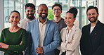 About us, diversity and face of business people in office together for development or management. Arms crossed, inclusion and smile of happy employee group in professional workplace for collaboration