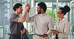 Business people, tablet and team with high five for success, winning or collaboration at office. Support, coworkers and celebration with smile, group or technology for good news together at workplace