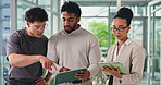 Business people, tablet and team with discussion for collaboration, planning or teamwork at office. Business men, woman and partnership with review, feedback or tech for communication at workplace