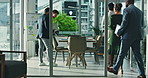 Walk, business people or arrival for meeting in conference room, collaboration or financial analysis. Start discussion, employee and enter office with group, team and begin planning for investment
