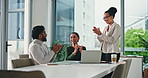 Applause, high five and business team with laptop in meeting, trading or stock market success. Achievement, collaboration or broker group celebrate with pc, finance growth or people winning in office