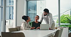 Man, team and laptop at office meeting for planning, feedback or happy for solution at insurance company. Business people, women and computer with smile, brainstorming and insight for risk management
