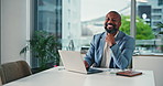 Black man, face and laptop in office for project planning, media report or email at PR agency. Business person, happy and mature public relations manager with computer for professional communication