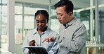 Teamwork, business people or feedback with tablet for budget review, discussion or strategy change. Collaboration, man and woman talking with tech, investment decision or proposal for company capital