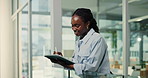 Agenda, tablet and writing with business black woman in glass office for online planning or research. App, pen and schedule with African employee in workplace for calendar entry or management