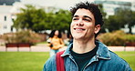 Happy, college student and man on campus with vision for education, learning and skill development. Smile, scholar and person outdoor in university with idea for scholarship, future and study goals.