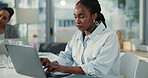 Typing, woman and team in office with laptop for research, kpi report or project management. Reading, business people or employee in workplace with computer for risk assessment, planning or feedback.